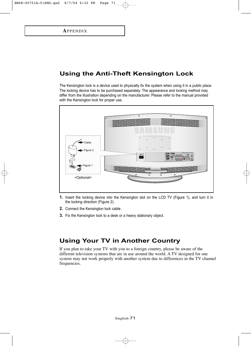 Using the anti-theft kensington lock, Using your tv in another country | Samsung LNP267WX-XAA User Manual | Page 77 / 79