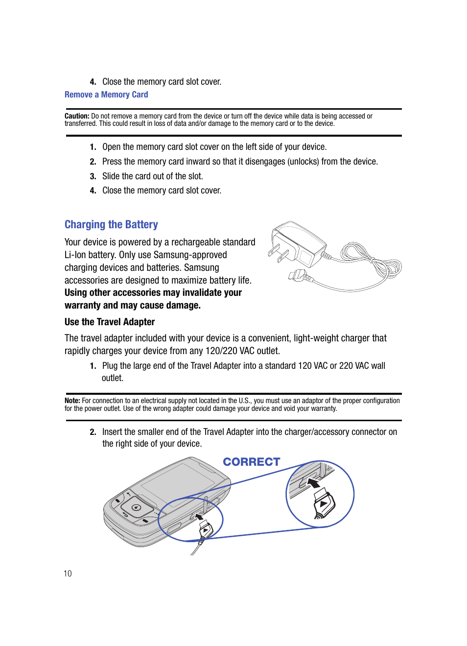 Remove a memory card, Charging the battery, Use the travel adapter | Correct | Samsung SPH-A503ZKASKE User Manual | Page 10 / 176