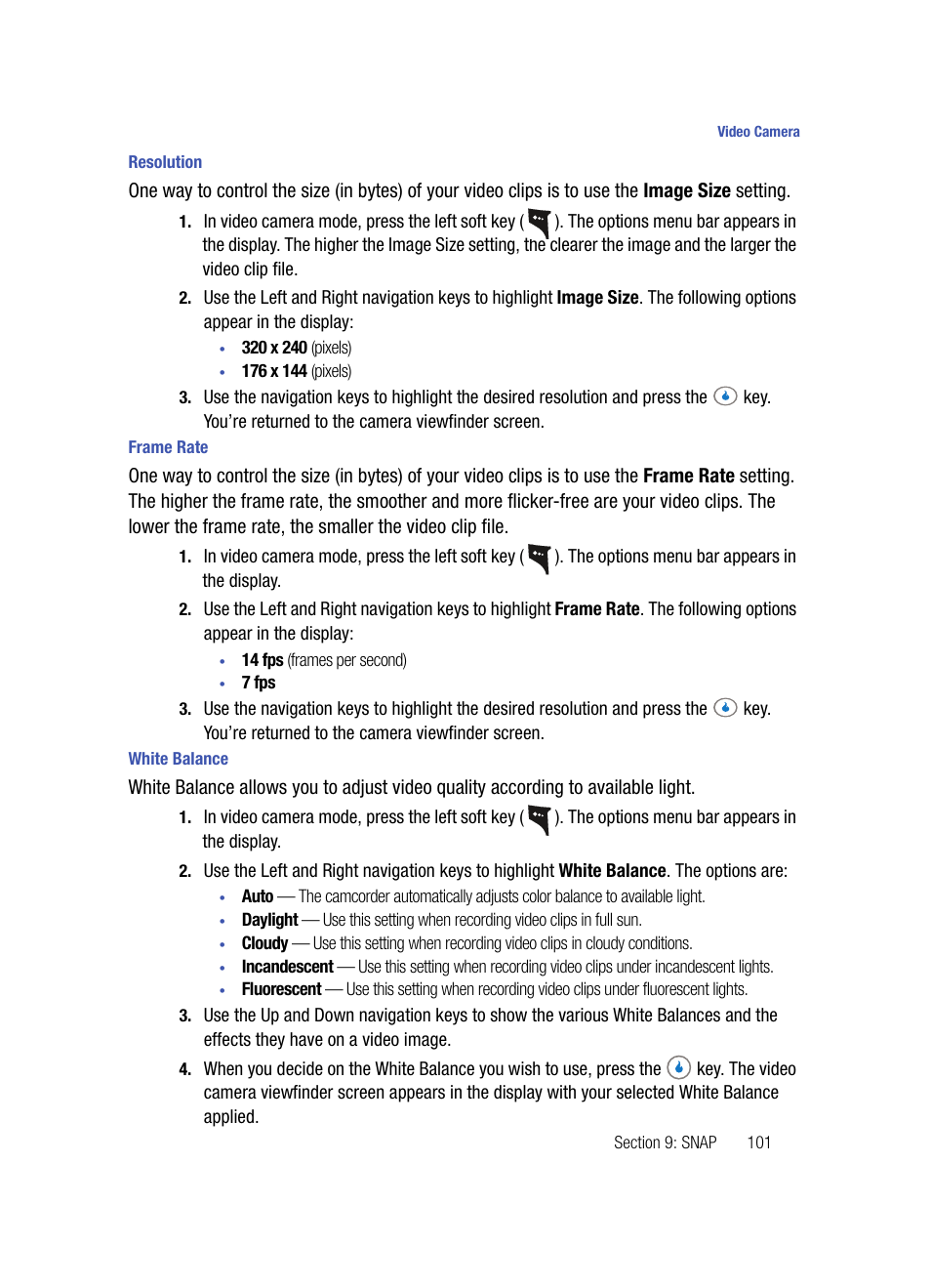 Resolution, Frame rate, White balance | Samsung SPH-A503ZKASKE User Manual | Page 101 / 176