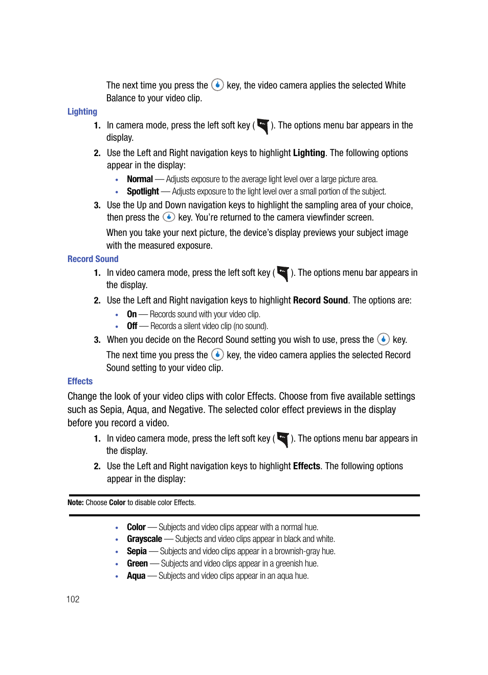 Lighting, Record sound, Effects | Samsung SPH-A503ZKASKE User Manual | Page 102 / 176