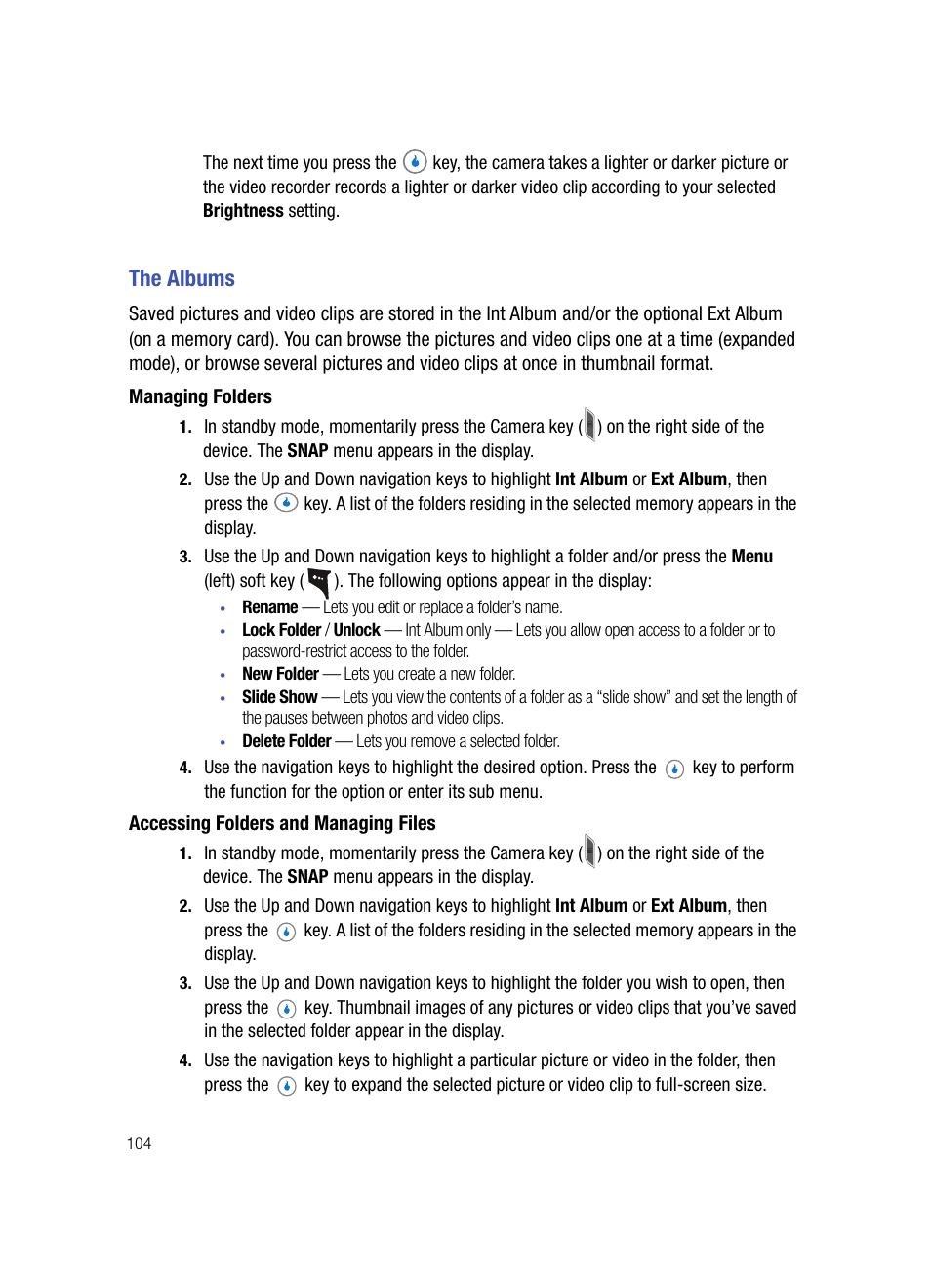 The albums, Managing folders, Accessing folders and managing files | Samsung SPH-A503ZKASKE User Manual | Page 104 / 176