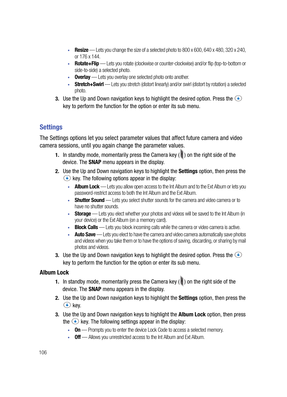 Settings, Album lock | Samsung SPH-A503ZKASKE User Manual | Page 106 / 176