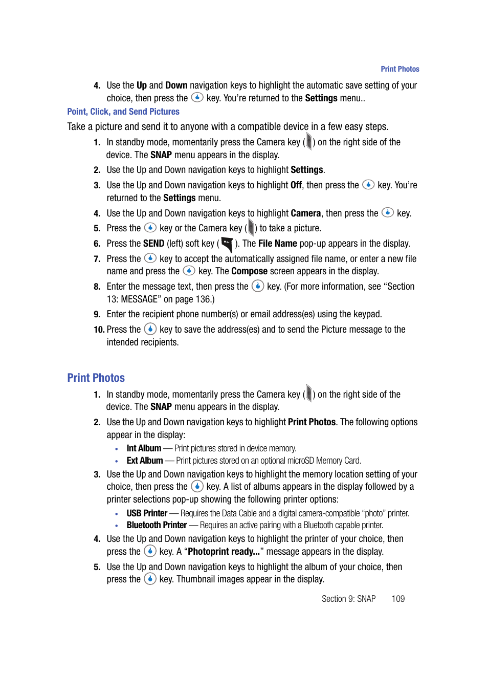 Point, click, and send pictures, Print photos | Samsung SPH-A503ZKASKE User Manual | Page 109 / 176