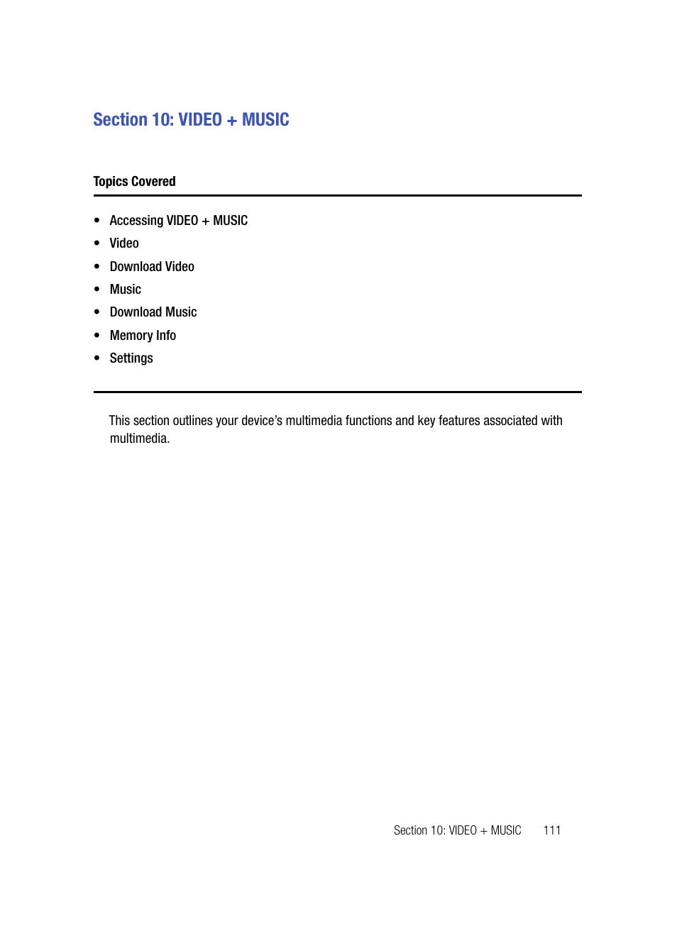 Section 10: video + music, Topics covered | Samsung SPH-A503ZKASKE User Manual | Page 111 / 176