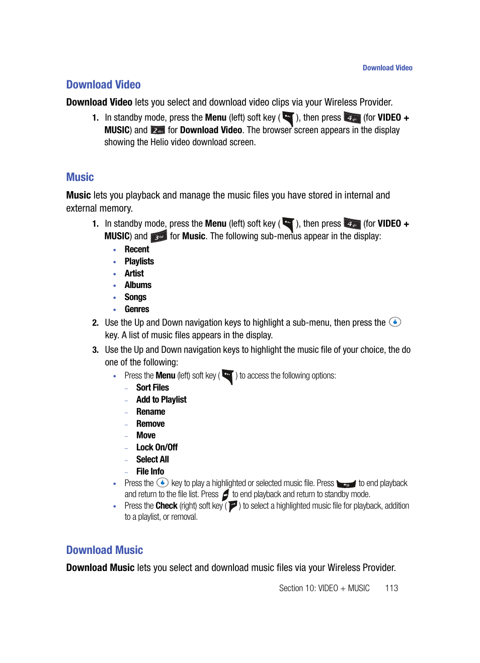 Download video, Music, Download music | Download video music download music | Samsung SPH-A503ZKASKE User Manual | Page 113 / 176