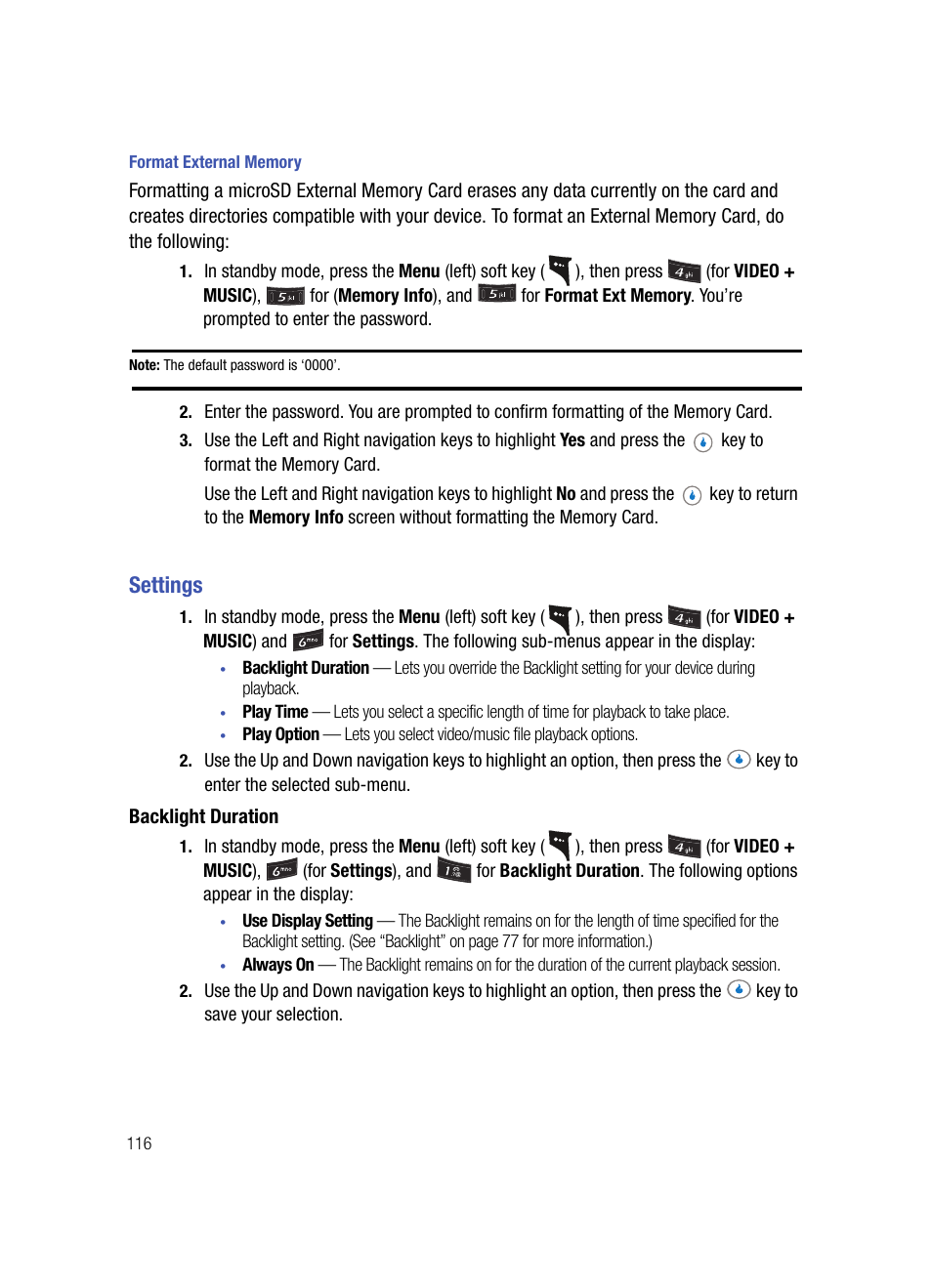 Format external memory, Settings, Backlight duration | Samsung SPH-A503ZKASKE User Manual | Page 116 / 176