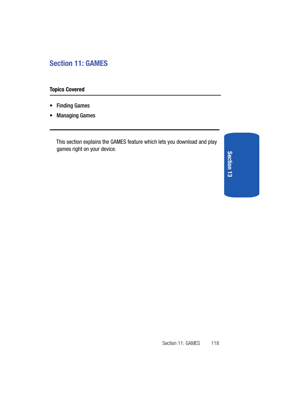 Section 11: games, Topics covered | Samsung SPH-A503ZKASKE User Manual | Page 118 / 176