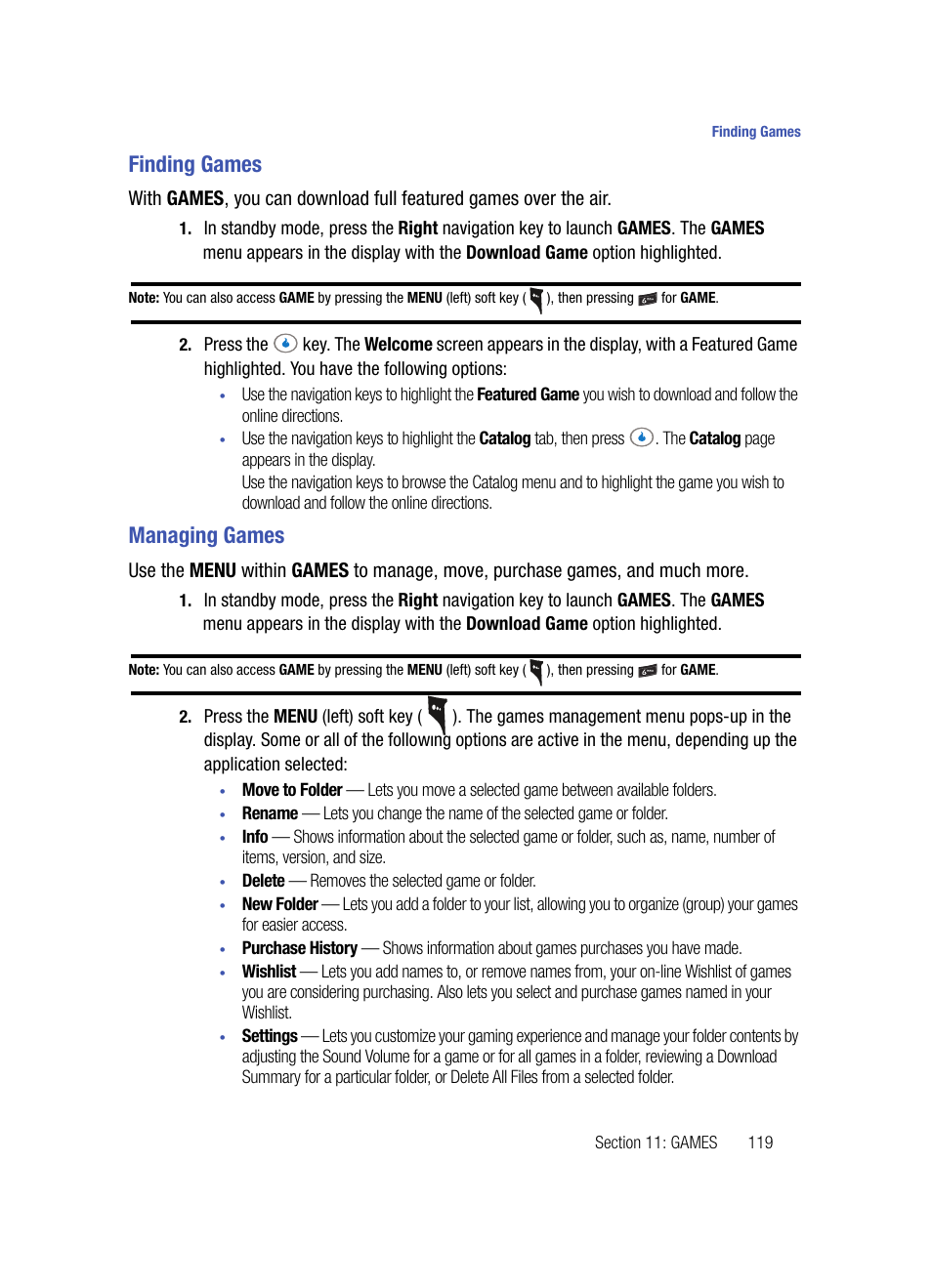 Finding games, Managing games, Finding games managing games | Samsung SPH-A503ZKASKE User Manual | Page 119 / 176