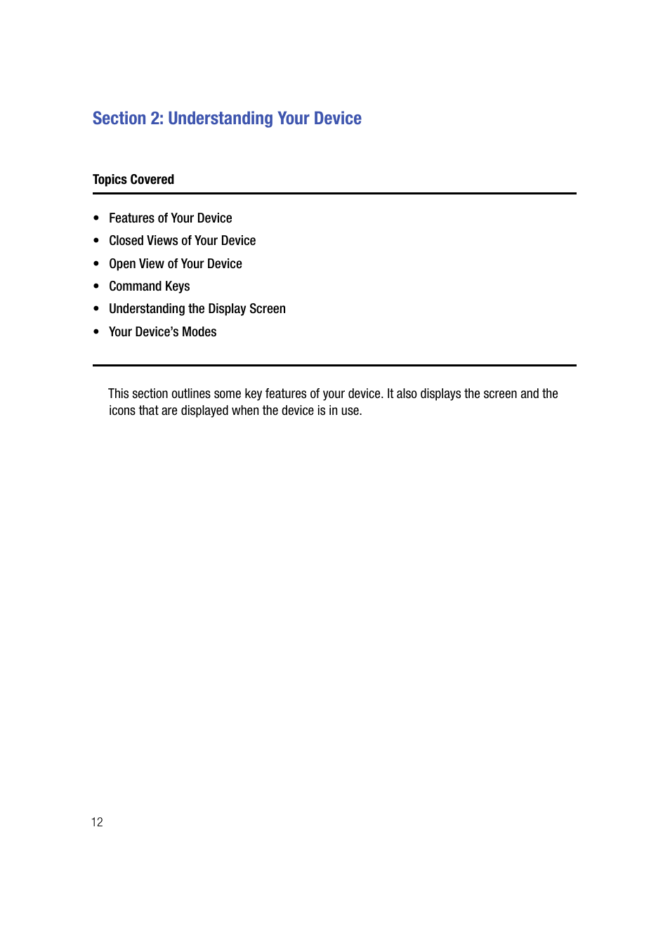 Section 2: understanding your device, Topics covered | Samsung SPH-A503ZKASKE User Manual | Page 12 / 176