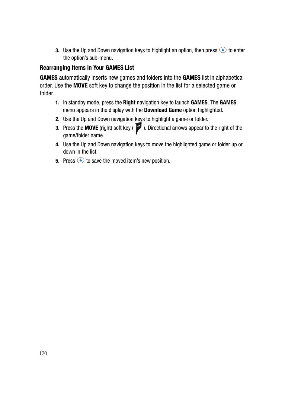 Rearranging items in your games list | Samsung SPH-A503ZKASKE User Manual | Page 120 / 176