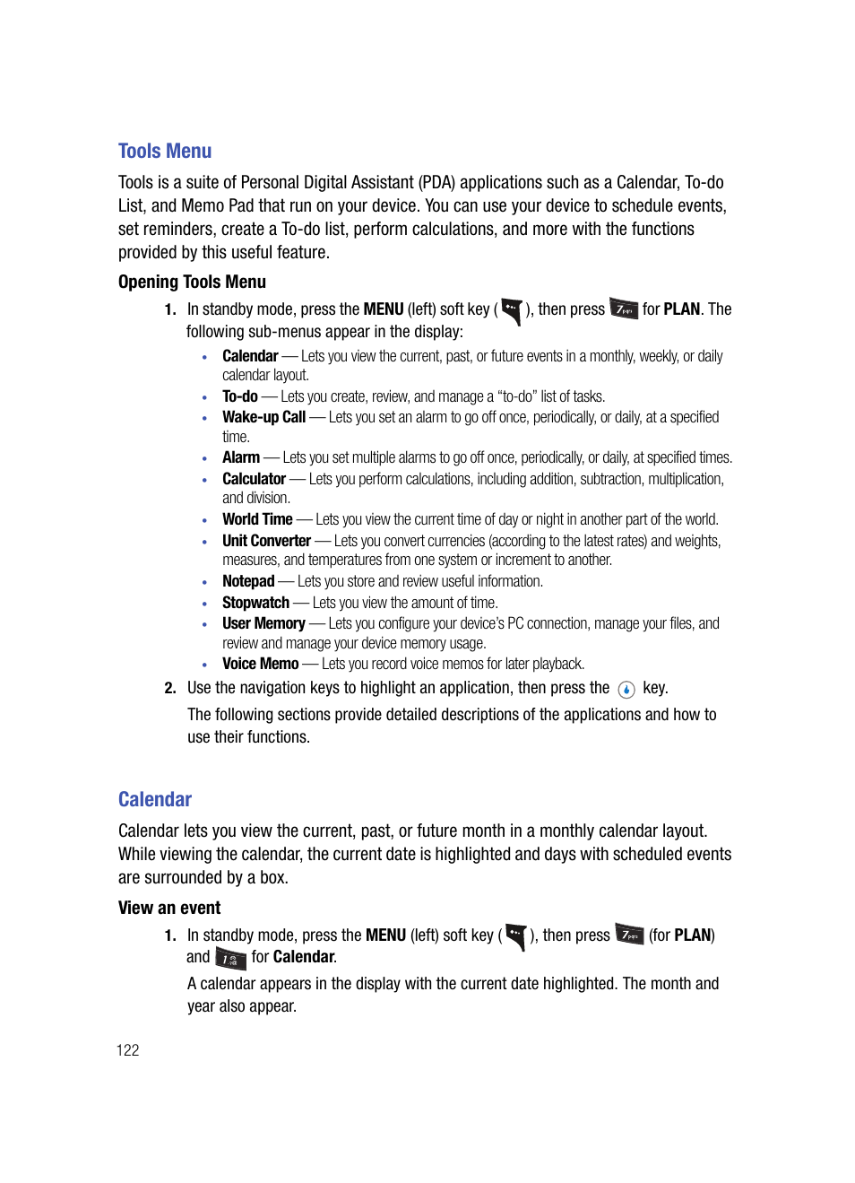 Tools menu, Opening tools menu, Calendar | View an event | Samsung SPH-A503ZKASKE User Manual | Page 122 / 176