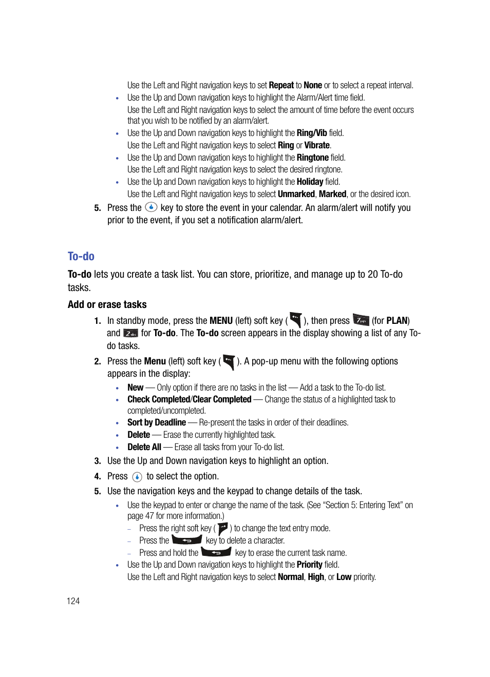 To-do, Add or erase tasks | Samsung SPH-A503ZKASKE User Manual | Page 124 / 176