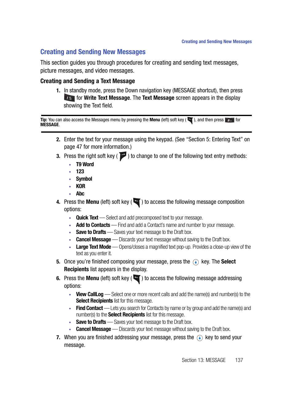 Creating and sending new messages, Creating and sending a text message | Samsung SPH-A503ZKASKE User Manual | Page 137 / 176