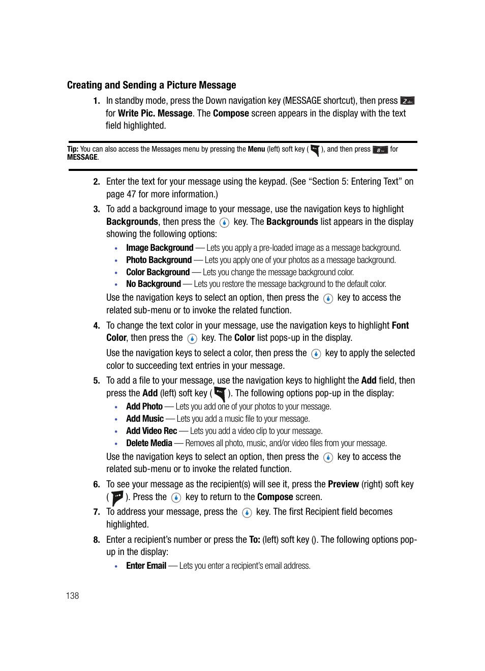 Creating and sending a picture message | Samsung SPH-A503ZKASKE User Manual | Page 138 / 176