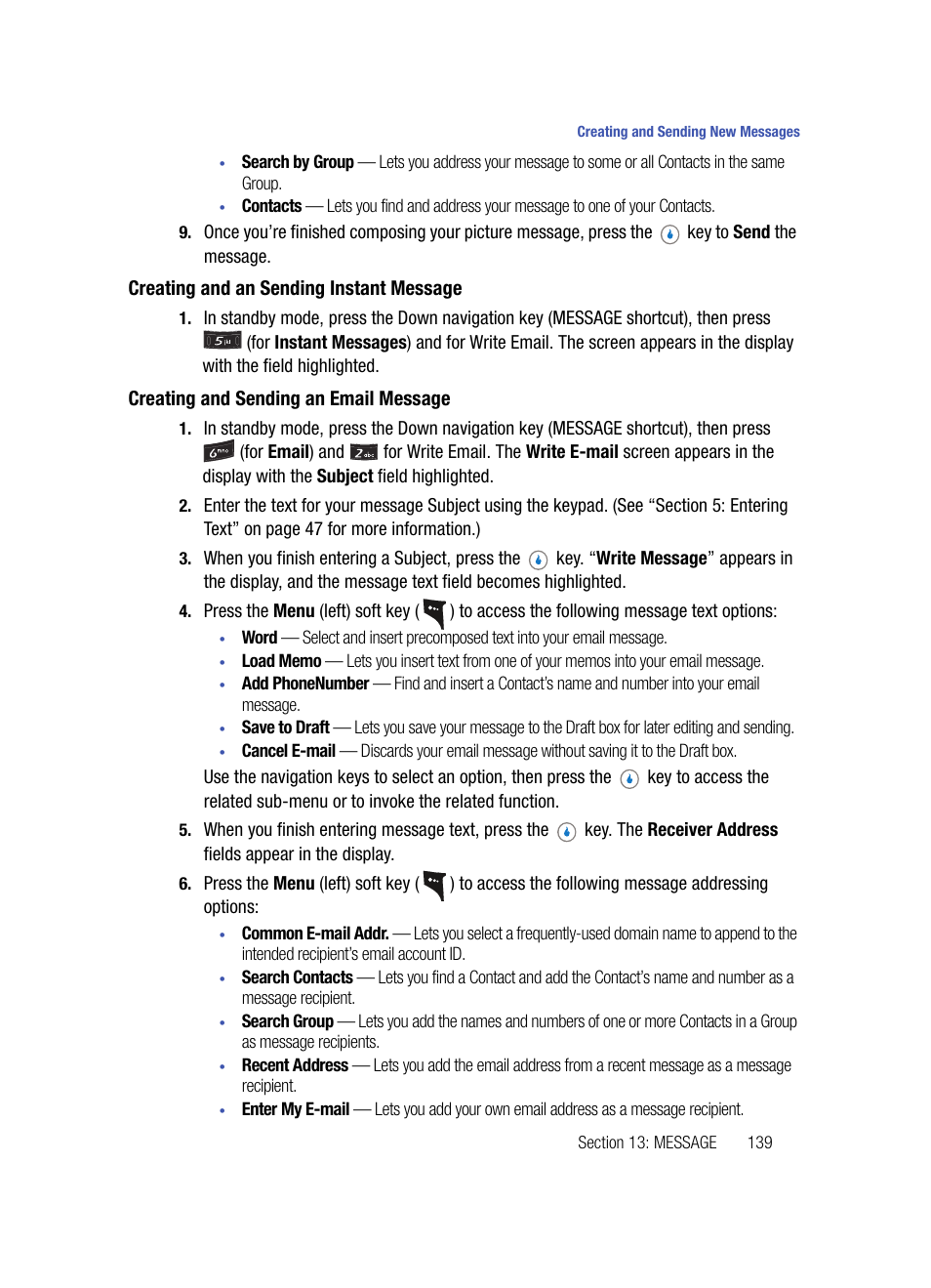 Creating and an sending instant message, Creating and sending an email message | Samsung SPH-A503ZKASKE User Manual | Page 139 / 176