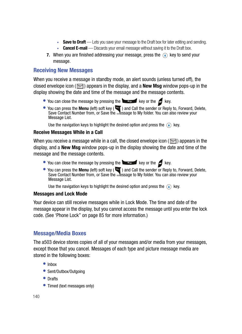 Receiving new messages, Receive messages while in a call, Messages and lock mode | Message/media boxes, Receiving new messages message/media boxes | Samsung SPH-A503ZKASKE User Manual | Page 140 / 176