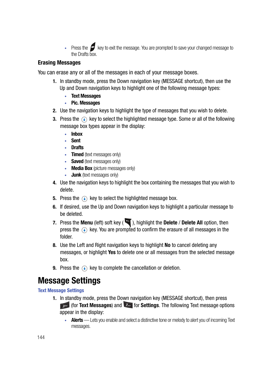 Erasing messages, Message settings, Text message settings | Samsung SPH-A503ZKASKE User Manual | Page 144 / 176