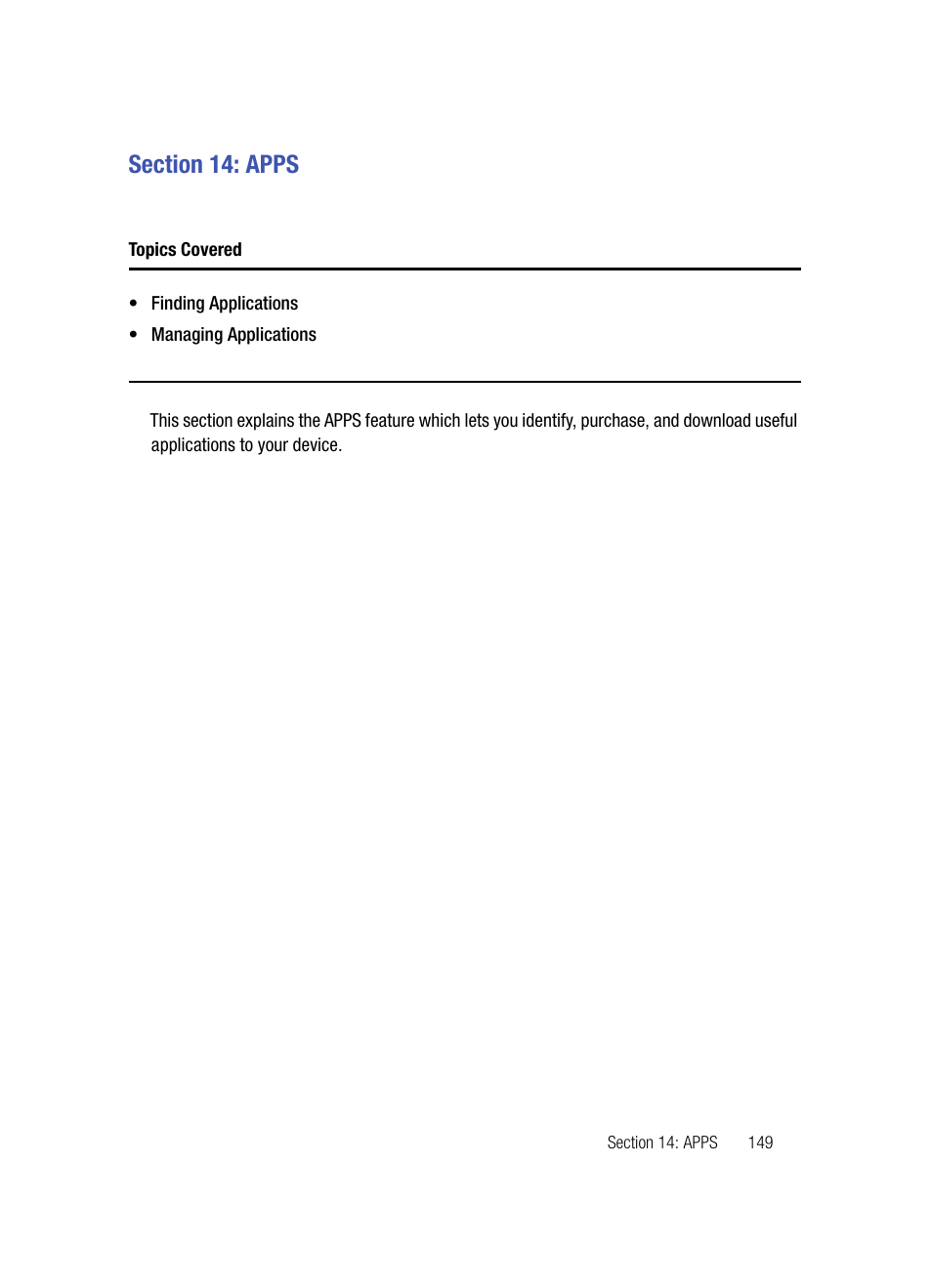 Section 14: apps, Topics covered | Samsung SPH-A503ZKASKE User Manual | Page 149 / 176