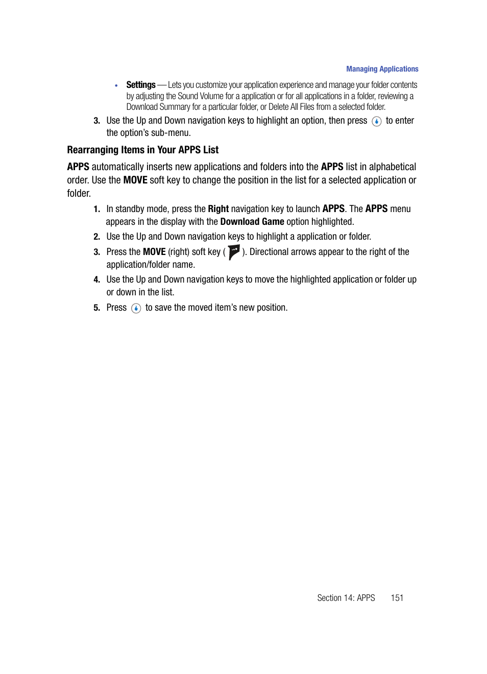 Rearranging items in your apps list | Samsung SPH-A503ZKASKE User Manual | Page 151 / 176