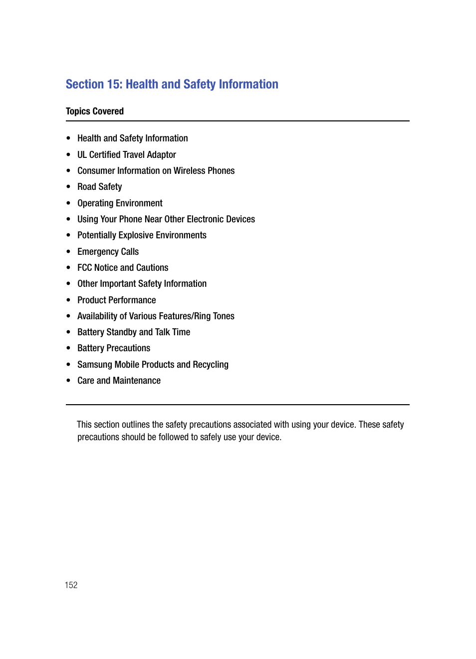 Section 15: health and safety information, Topics covered | Samsung SPH-A503ZKASKE User Manual | Page 152 / 176