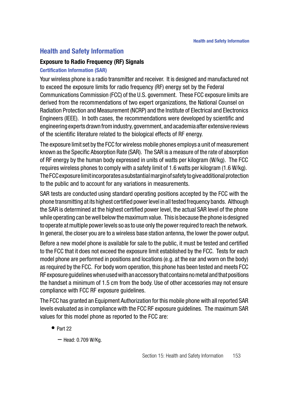 Health and safety information, Exposure to radio frequency (rf) signals, Certification information (sar) | Samsung SPH-A503ZKASKE User Manual | Page 153 / 176