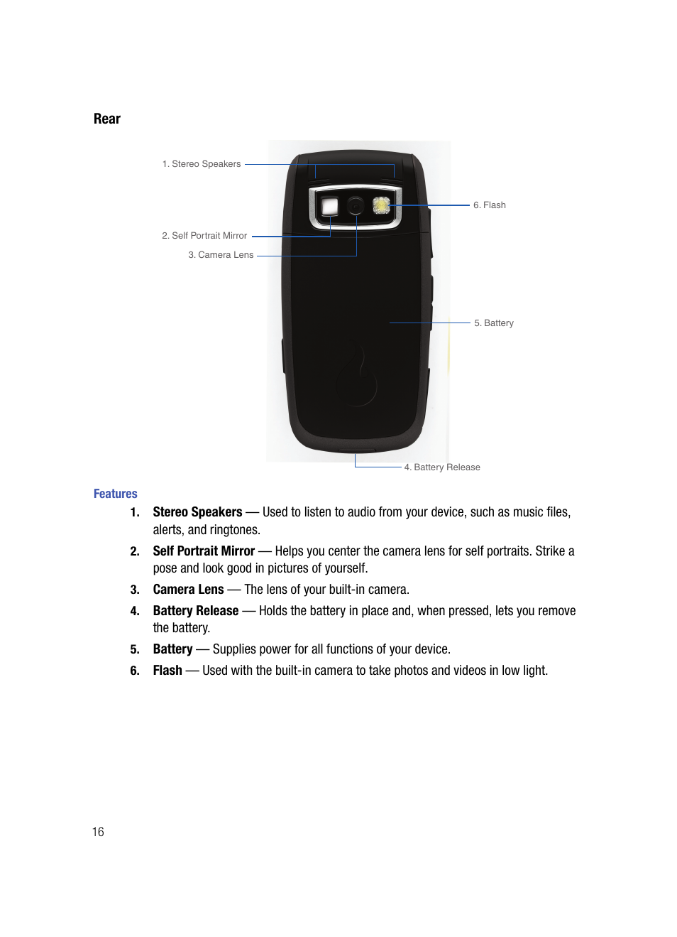 Rear, Features | Samsung SPH-A503ZKASKE User Manual | Page 16 / 176