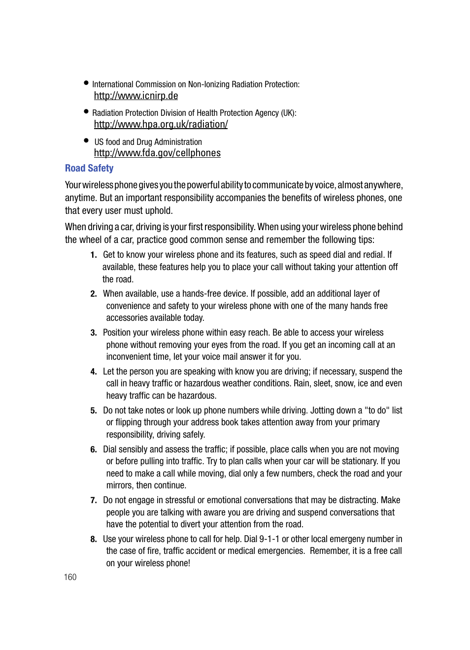 Road safety | Samsung SPH-A503ZKASKE User Manual | Page 160 / 176