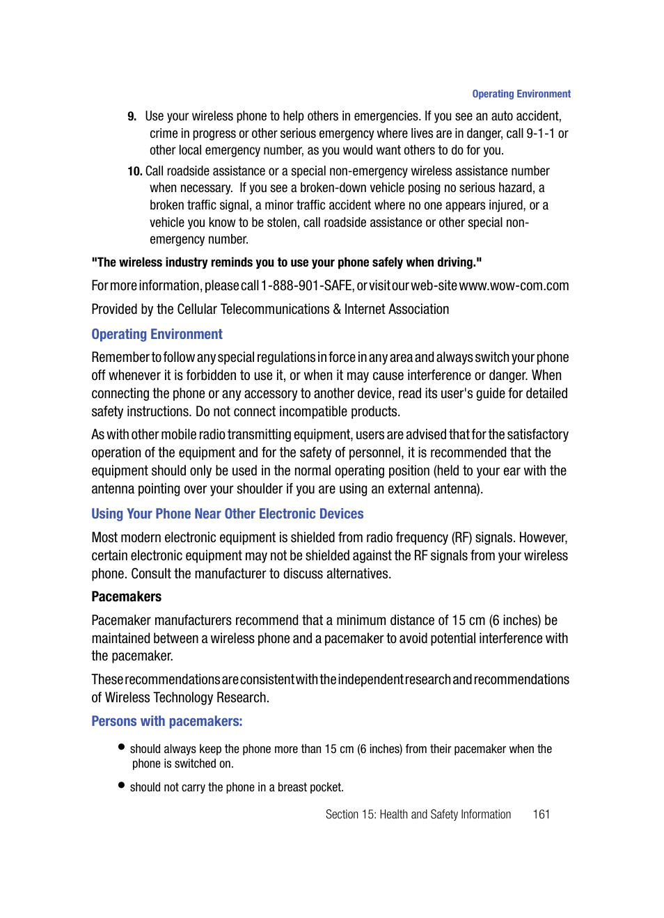 Operating environment, Using your phone near other electronic devices, Pacemakers | Persons with pacemakers | Samsung SPH-A503ZKASKE User Manual | Page 161 / 176