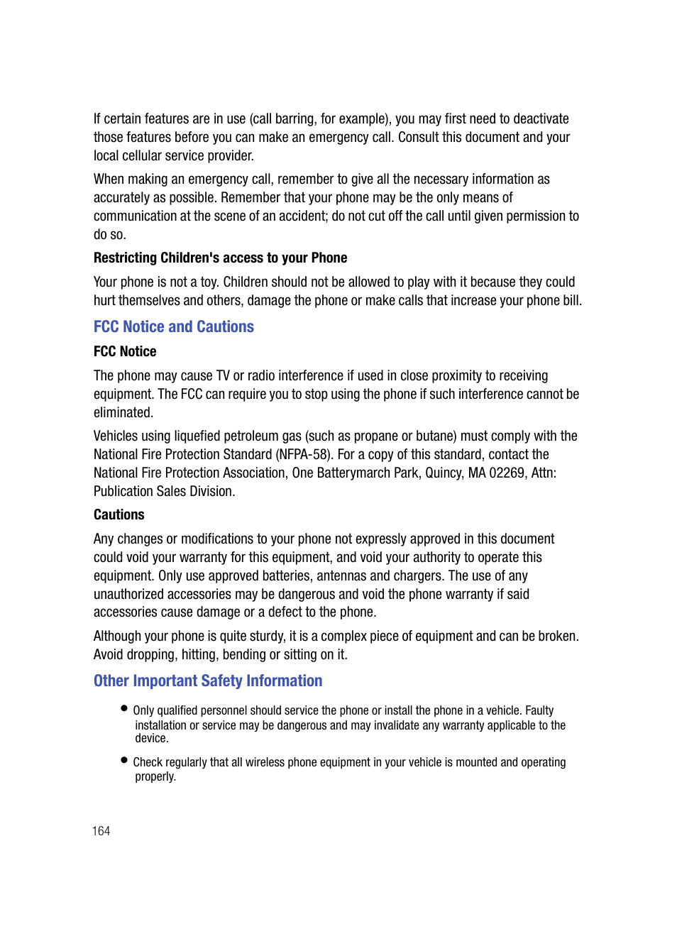 Restricting children's access to your phone, Fcc notice and cautions, Fcc notice | Cautions, Other important safety information | Samsung SPH-A503ZKASKE User Manual | Page 164 / 176