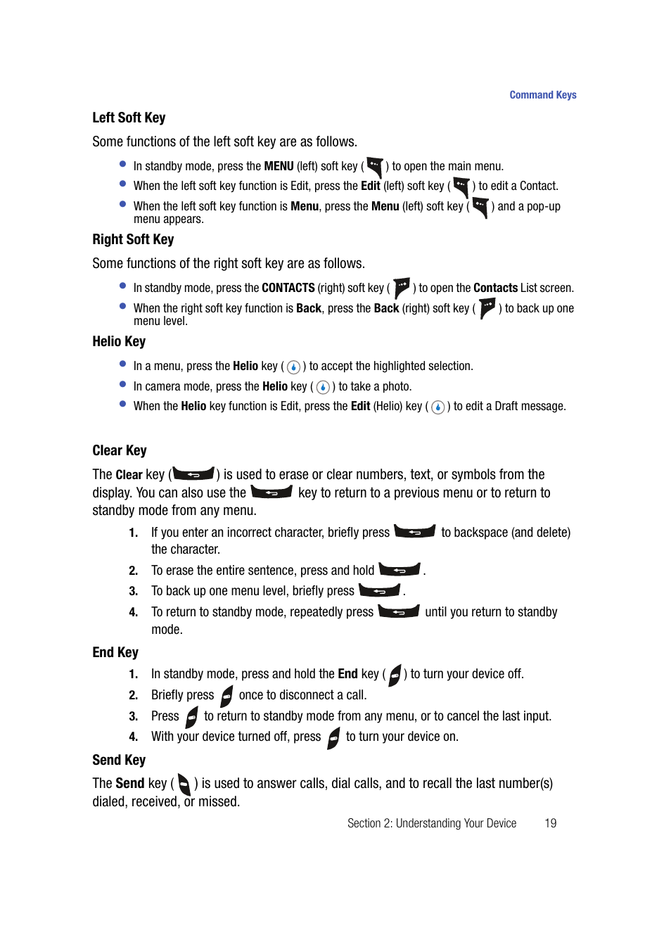 Left soft key, Right soft key, Helio key | Clear key, End key, Send key | Samsung SPH-A503ZKASKE User Manual | Page 19 / 176