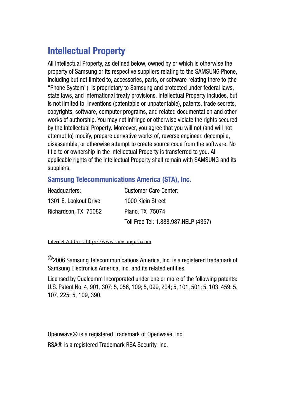 Intellectual property, Samsung telecommunications america (sta), inc | Samsung SPH-A503ZKASKE User Manual | Page 2 / 176