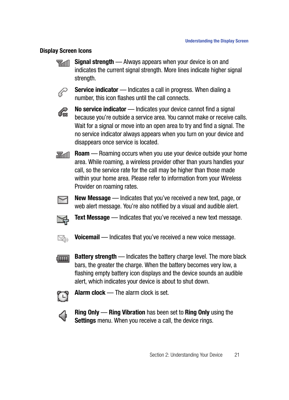 Display screen icons | Samsung SPH-A503ZKASKE User Manual | Page 21 / 176