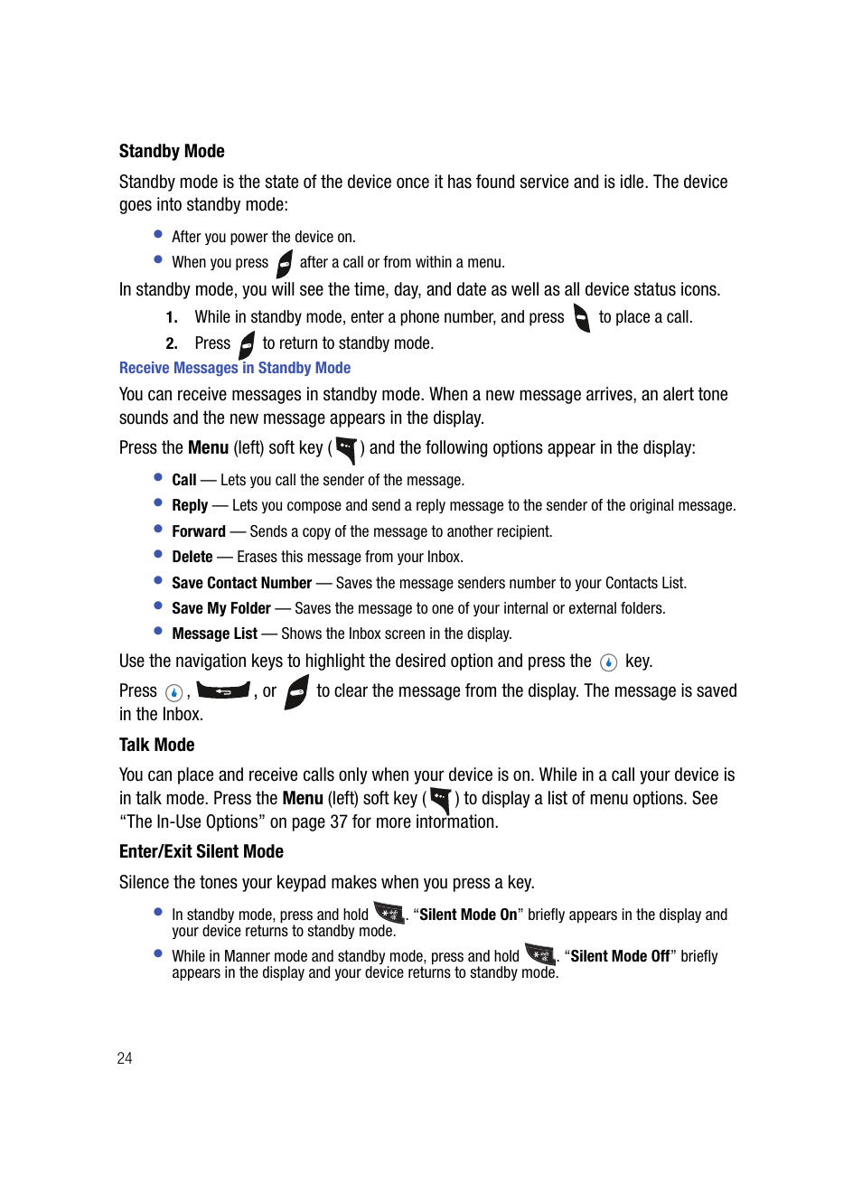 Standby mode, Receive messages in standby mode, Talk mode | Enter/exit silent mode | Samsung SPH-A503ZKASKE User Manual | Page 24 / 176