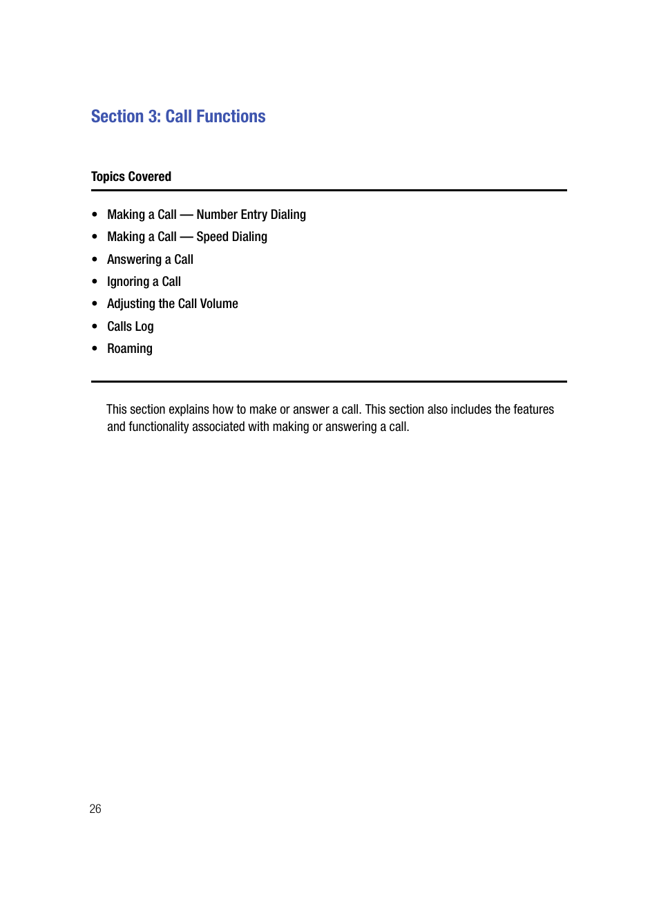 Section 3: call functions, Topics covered | Samsung SPH-A503ZKASKE User Manual | Page 26 / 176