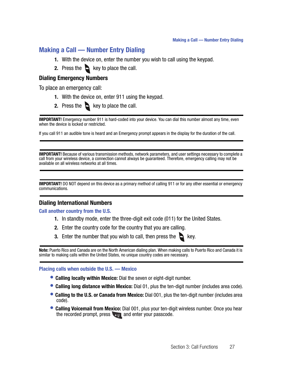 Making a call - number entry dialing, Dialing emergency numbers, Dialing international numbers | Call another country from the u.s, Placing calls when outside the u.s. - mexico, Making a call — number entry dialing | Samsung SPH-A503ZKASKE User Manual | Page 27 / 176