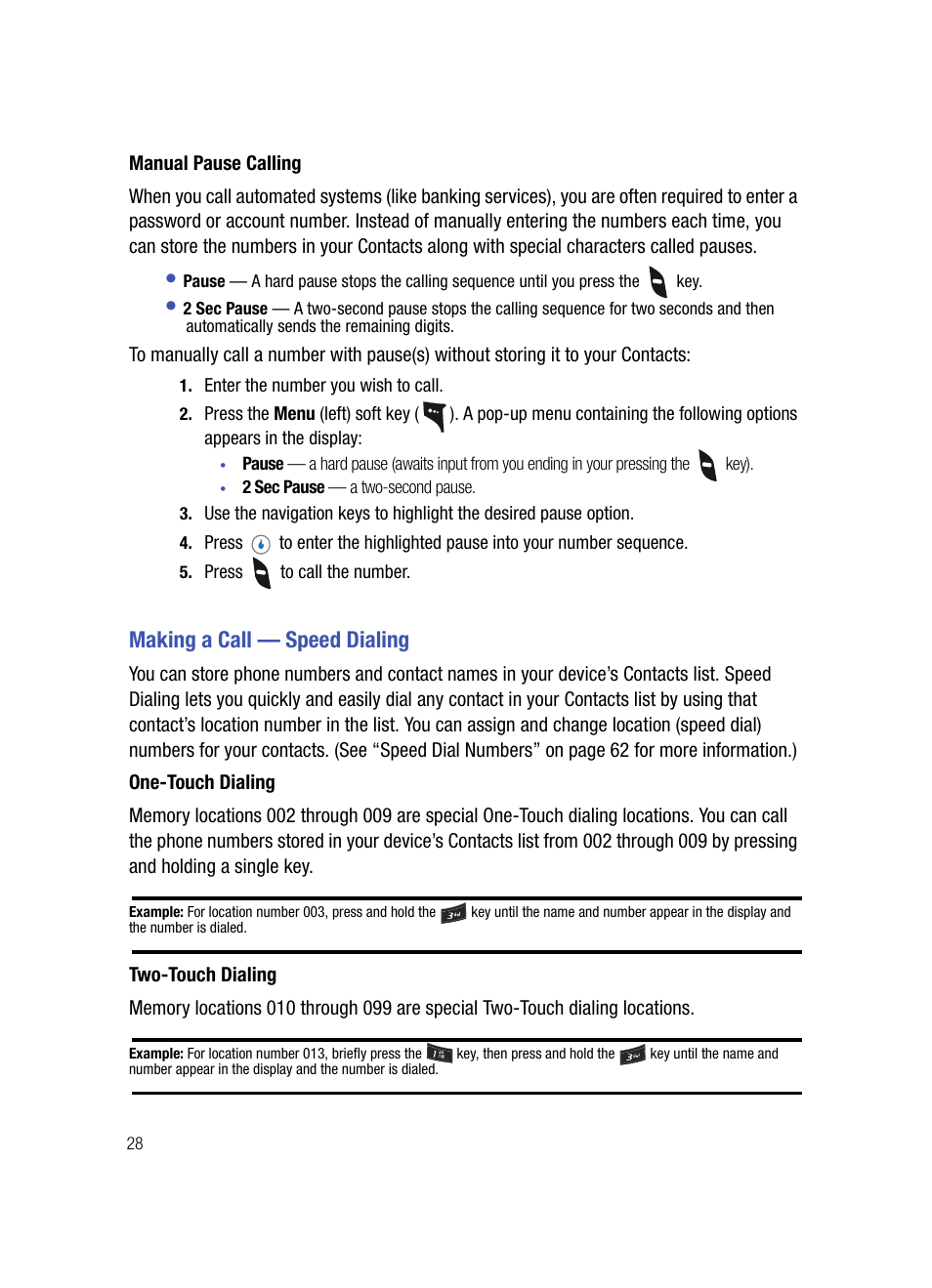 Manual pause calling, Making a call - speed dialing, One-touch dialing | Two-touch dialing, Making a call — speed dialing | Samsung SPH-A503ZKASKE User Manual | Page 28 / 176