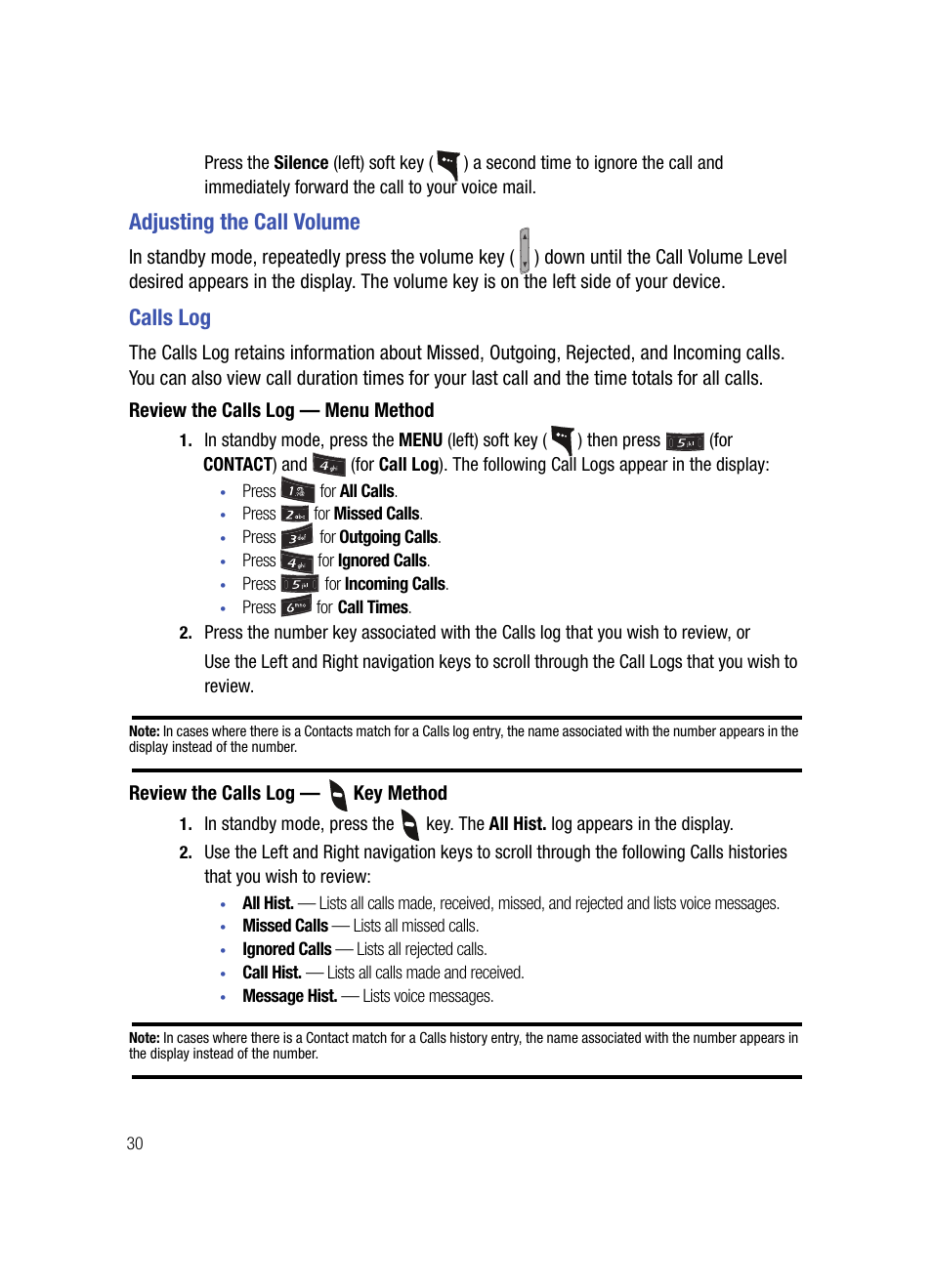 Adjusting the call volume, Calls log, Review the calls log - menu method | Review the calls log - key method, Adjusting the call volume calls log | Samsung SPH-A503ZKASKE User Manual | Page 30 / 176