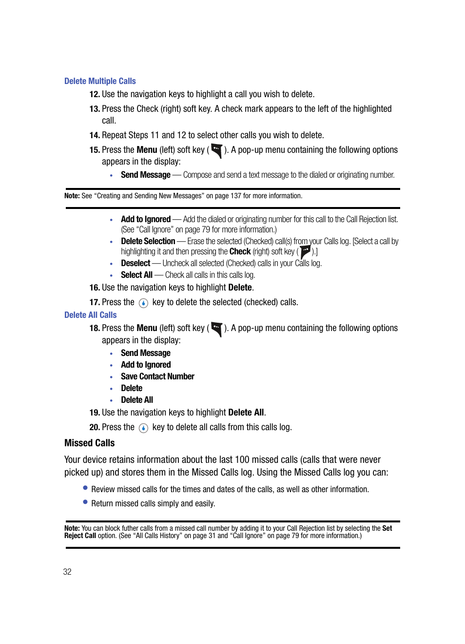 Delete multiple calls, Delete all calls, Missed calls | Samsung SPH-A503ZKASKE User Manual | Page 32 / 176