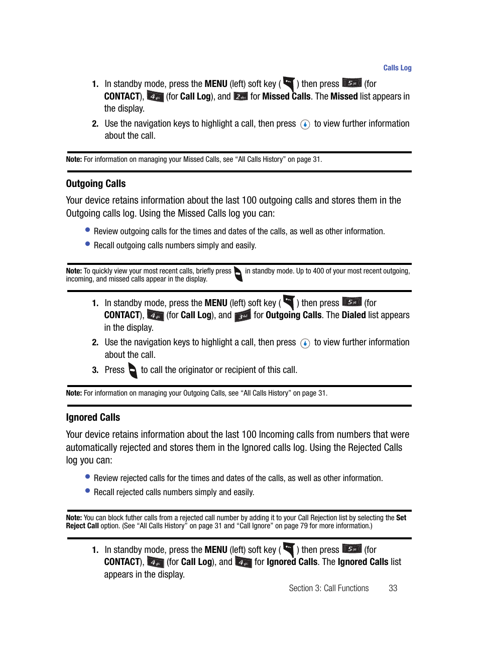 Outgoing calls, Ignored calls | Samsung SPH-A503ZKASKE User Manual | Page 33 / 176