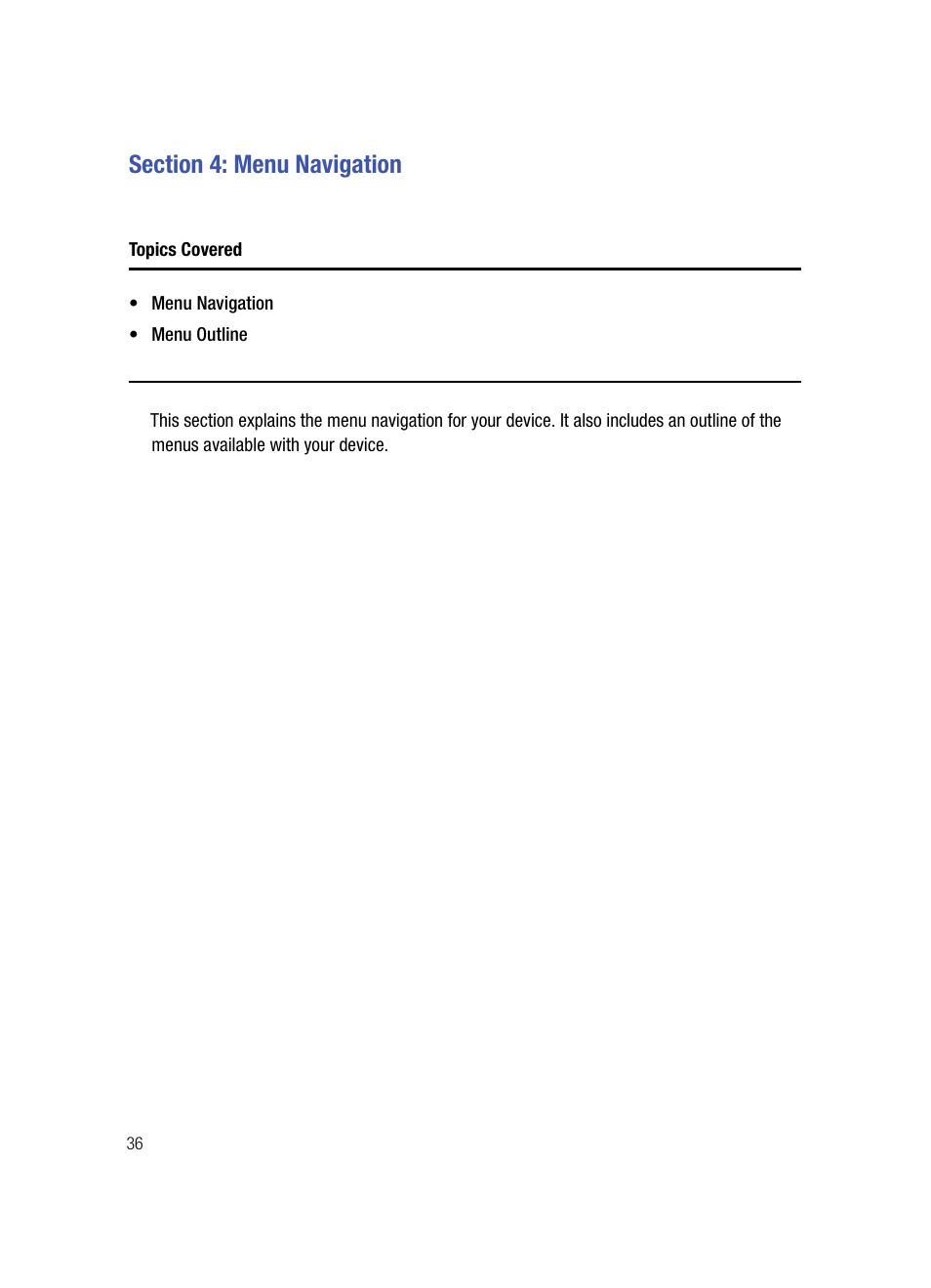 Section 4: menu navigation, Topics covered | Samsung SPH-A503ZKASKE User Manual | Page 36 / 176