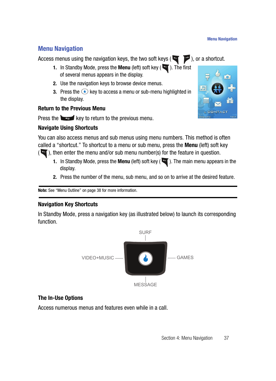 Menu navigation, Return to the previous menu, Navigate using shortcuts | Navigation key shortcuts, The in-use options | Samsung SPH-A503ZKASKE User Manual | Page 37 / 176