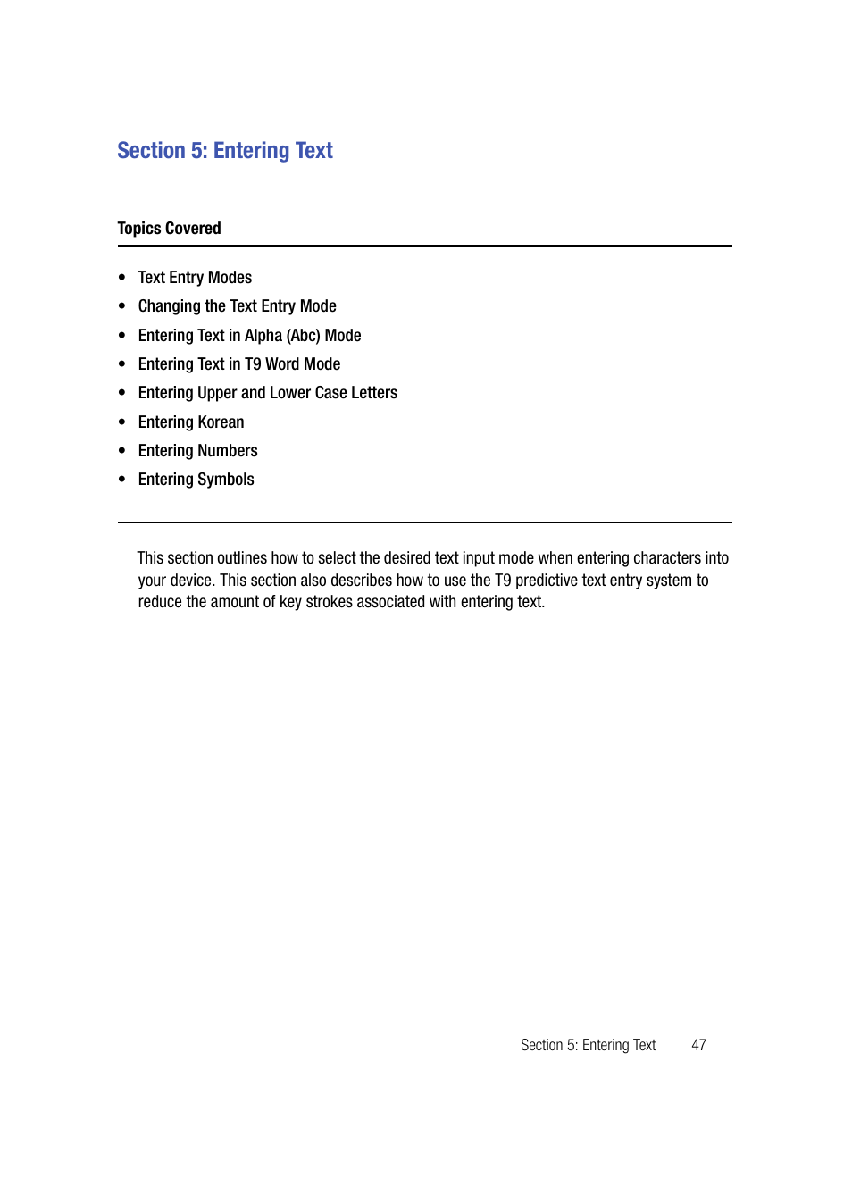 Section 5: entering text, Topics covered | Samsung SPH-A503ZKASKE User Manual | Page 47 / 176
