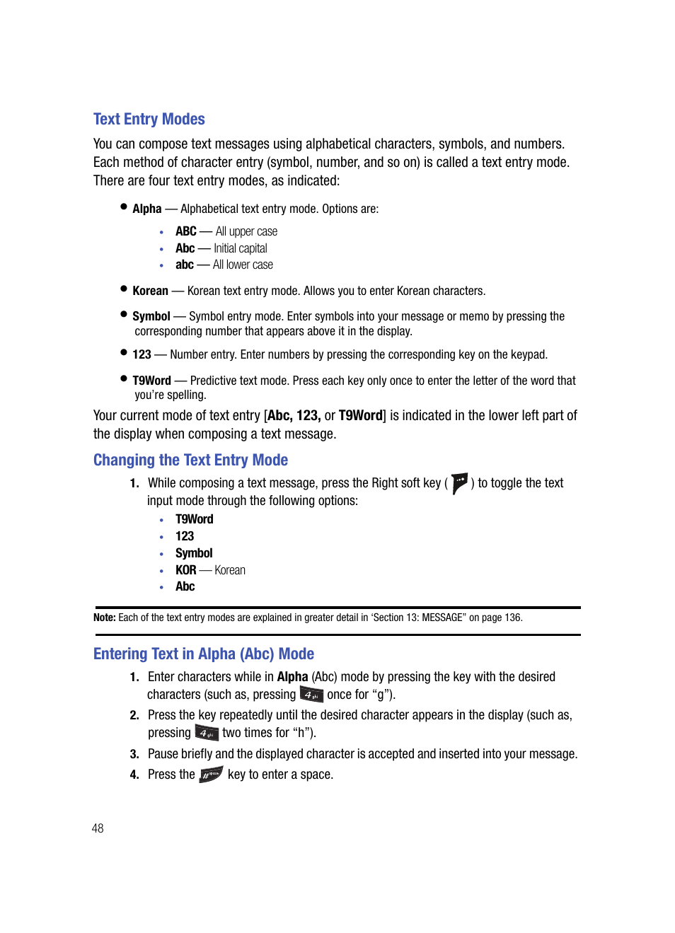 Text entry modes, Changing the text entry mode, Entering text in alpha (abc) mode | Samsung SPH-A503ZKASKE User Manual | Page 48 / 176