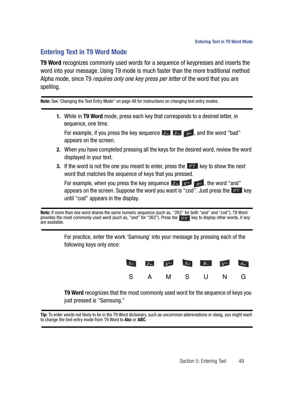 Entering text in t9 word mode | Samsung SPH-A503ZKASKE User Manual | Page 49 / 176