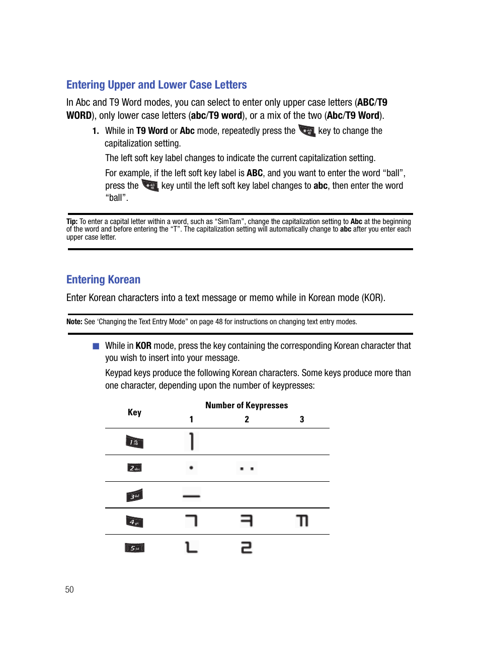 Entering upper and lower case letters, Entering korean | Samsung SPH-A503ZKASKE User Manual | Page 50 / 176