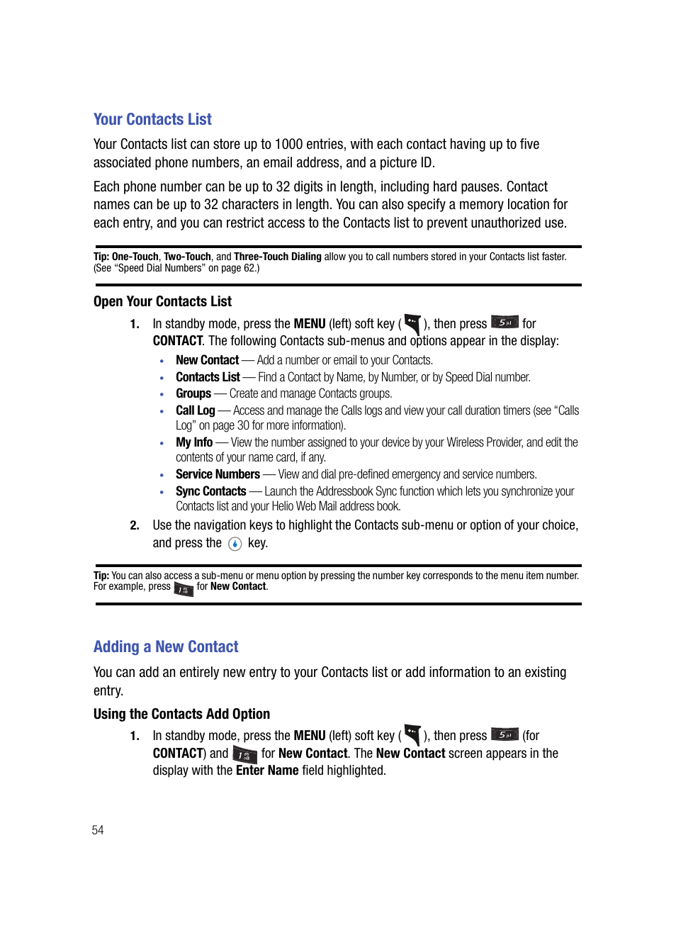 Your contacts list, Open your contacts list, Adding a new contact | Using the contacts add option, Your contacts list adding a new contact | Samsung SPH-A503ZKASKE User Manual | Page 54 / 176
