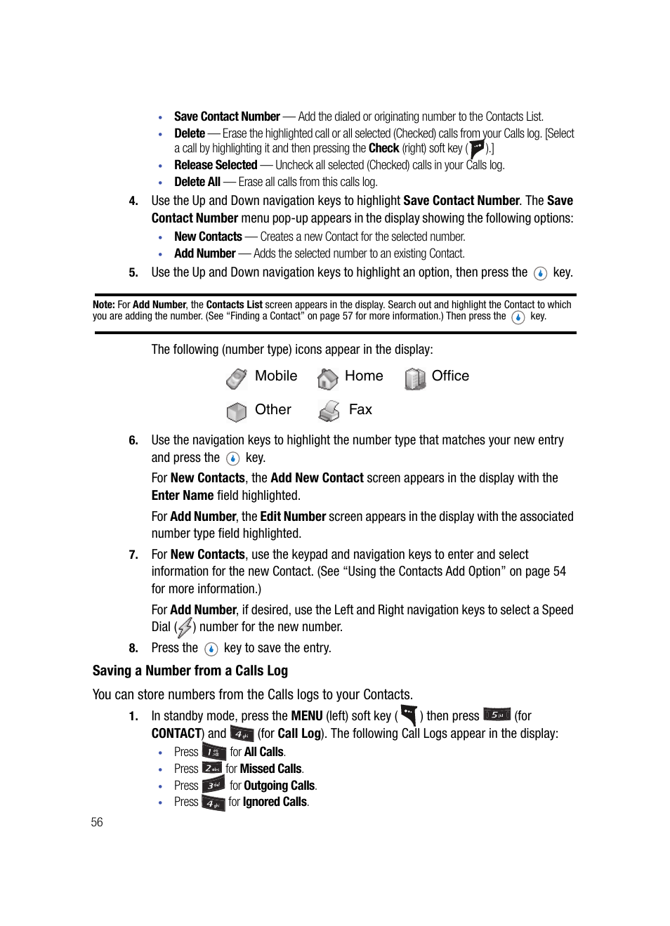 Saving a number from a calls log | Samsung SPH-A503ZKASKE User Manual | Page 56 / 176