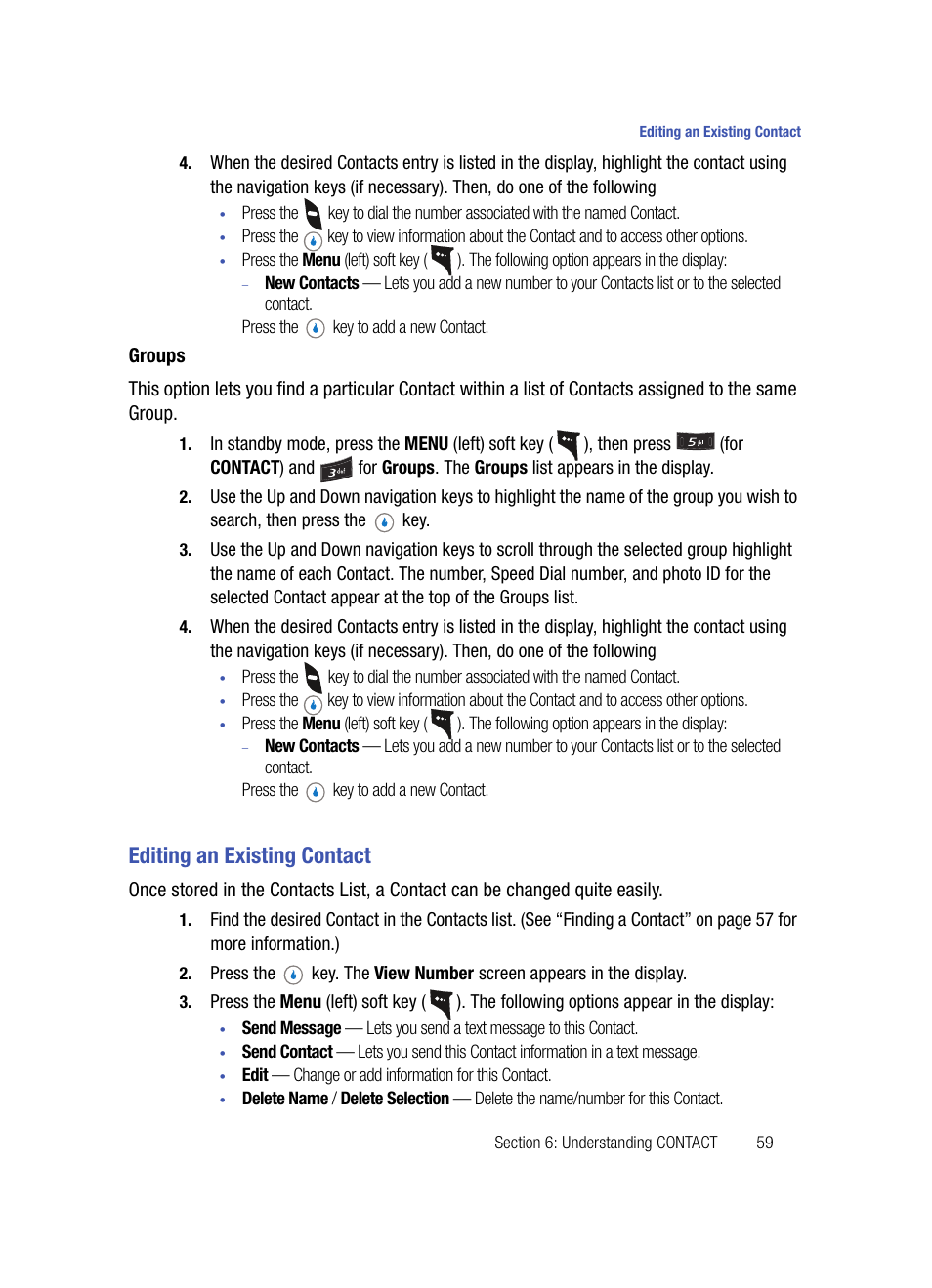 Groups, Editing an existing contact | Samsung SPH-A503ZKASKE User Manual | Page 59 / 176