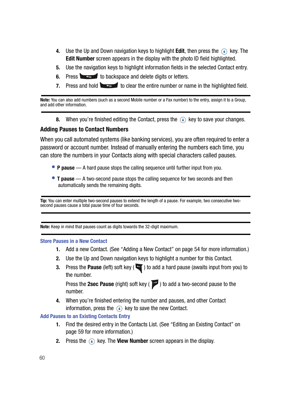 Adding pauses to contact numbers, Store pauses in a new contact, Add pauses to an existing contacts entry | Samsung SPH-A503ZKASKE User Manual | Page 60 / 176
