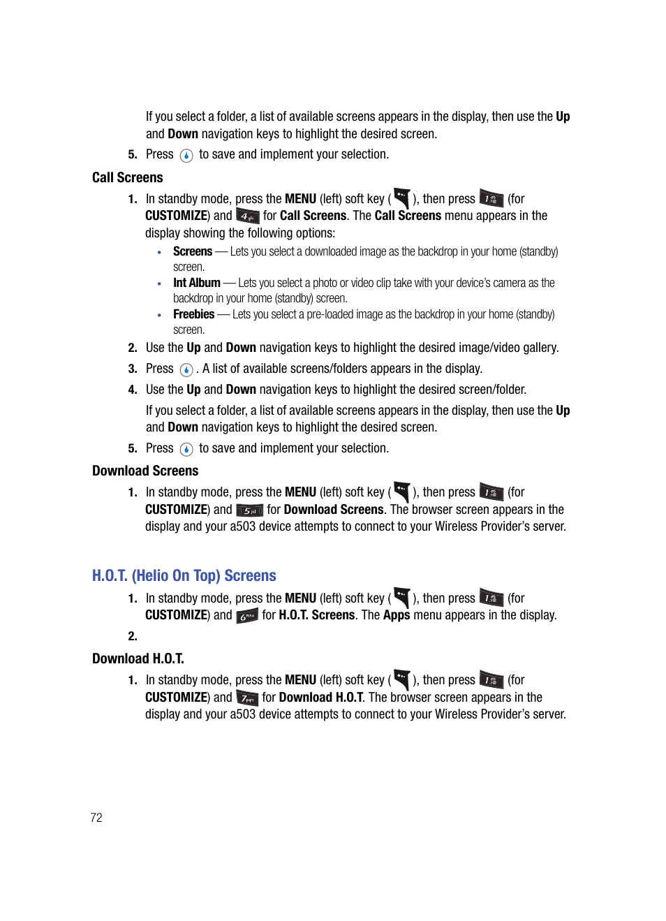 Call screens, Download screens, H.o.t. (helio on top) screens | Download h.o.t | Samsung SPH-A503ZKASKE User Manual | Page 72 / 176